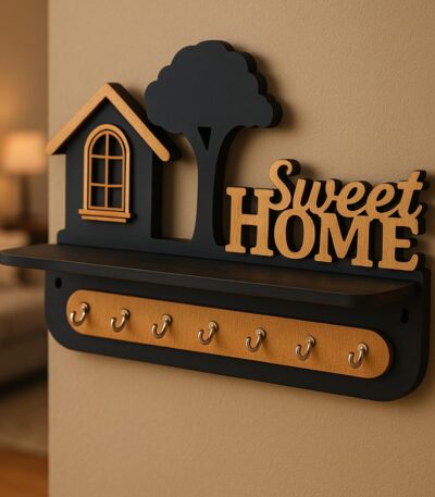 Premium 3D wooden key holder with 6 stainless steel hooks for home wall décor