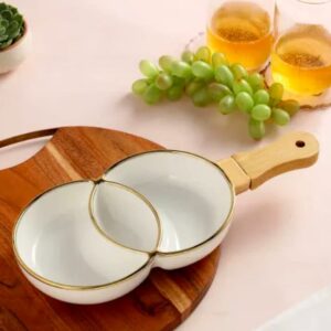 White ceramic snack plate and wooden handle serving bowl