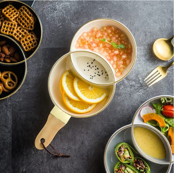 Luxury dining snack tray with wood handle and ceramic bowl