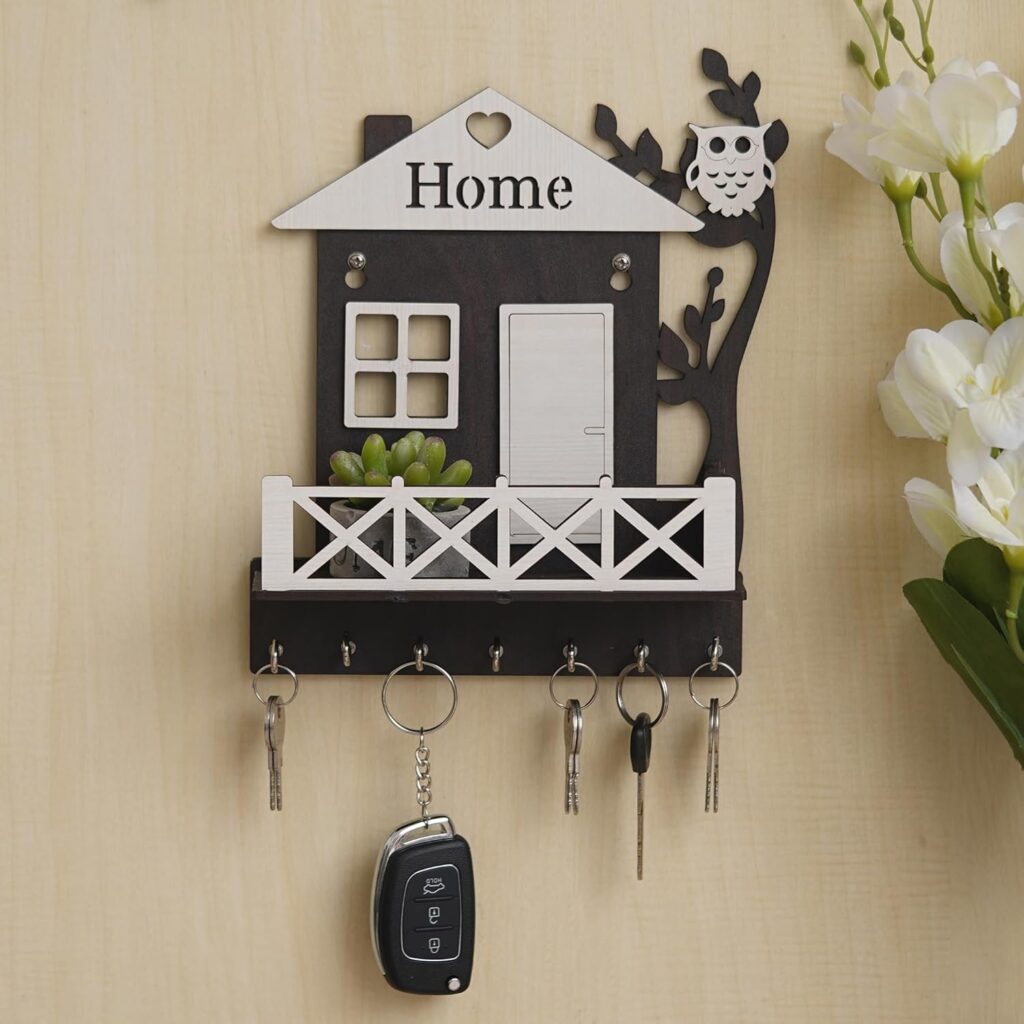Handcrafted wooden key holder with multiple metal hooks
