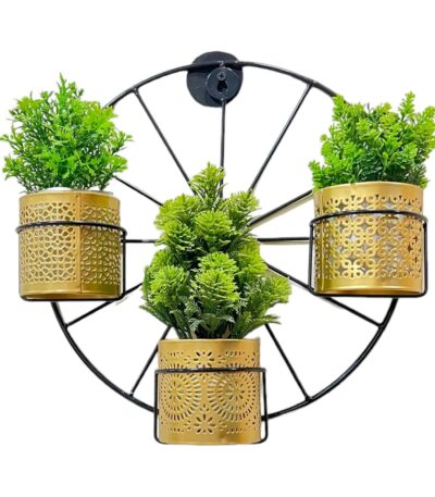 Wall Hanging Metal Planter Pots with Decorative Wheel Shape Stand for Home Garden
