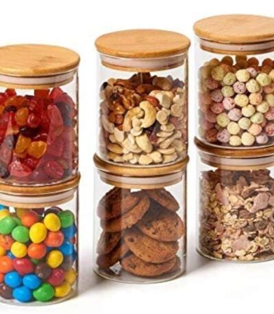 Clear glass jar with airtight wooden lid for kitchen food storage