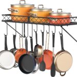 Wall mounted kitchen pot and pan rack with hanging hooks for utensils