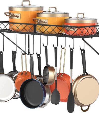 Wall mounted kitchen pot and pan rack with hanging hooks for utensils
