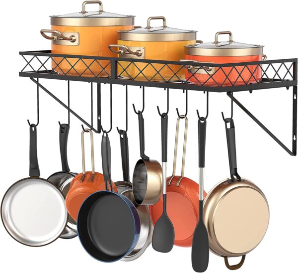Wall mounted kitchen pot and pan rack with hanging hooks for utensils