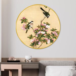 Modern art painting of love bird sitting on plant leaves