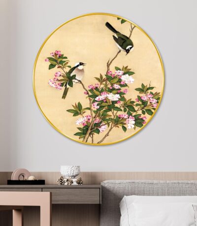 Modern art painting of love bird sitting on plant leaves