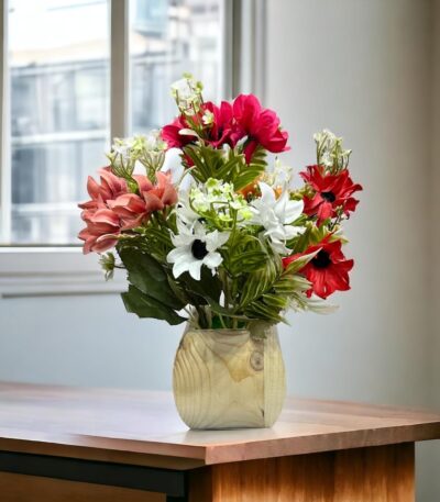 Wooden pot with multi-design dry artificial flowers for table decor