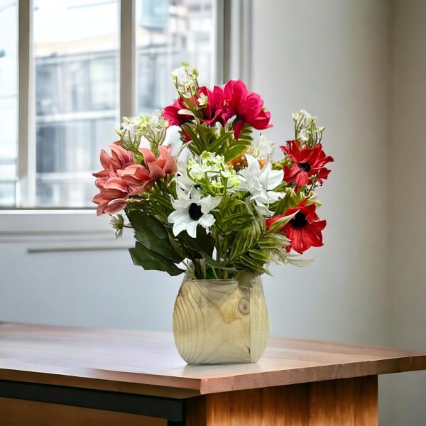 Rustic wooden vase filled with colorful dried faux flowers
