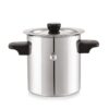 Shiny stainless steel milk cooker pot with handle and lid on kitchen counter