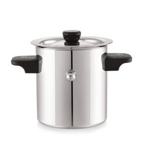 Shiny stainless steel milk cooker pot with handle and lid on kitchen counter