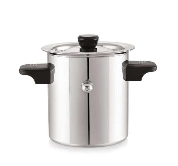 Shiny stainless steel milk cooker pot with handle and lid on kitchen counter