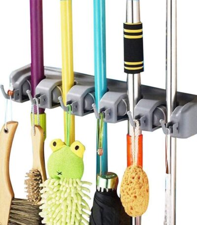 Heavy duty wall mounted mop and broom holder with storage hooks