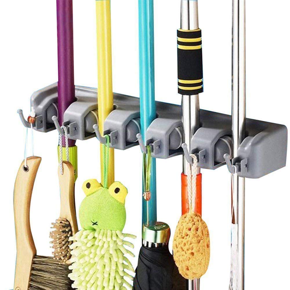 Heavy duty wall mounted mop and broom holder with storage hooks