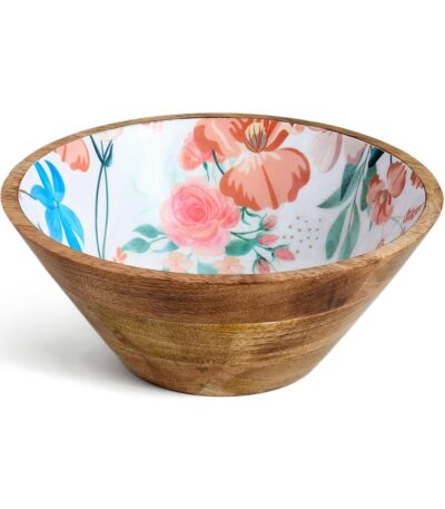 Handcrafted round mango wood bowl with artistic print