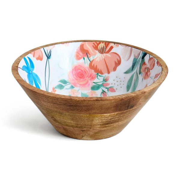 Handcrafted round mango wood bowl with artistic print