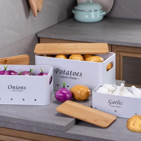 Elegant metal vegetable storage container for onions, garlic, and potatoes