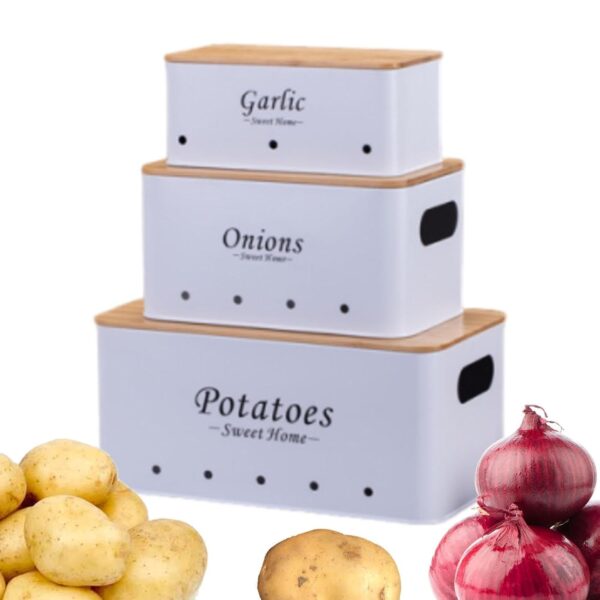 Stylish metal storage basket for keeping onions, garlic, and potatoes fresh