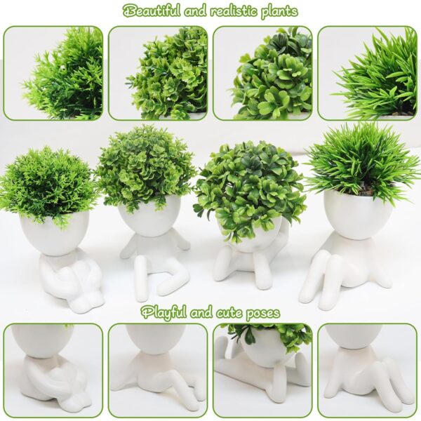 Set of four ceramic human planters with green fake succulents for table and shelf decoration.