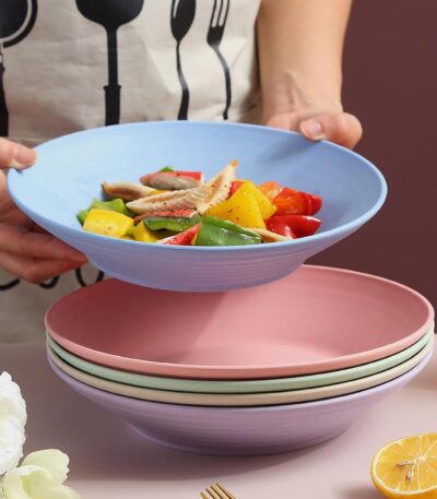 Multicolor wheat straw bowls stacked in pastel shades