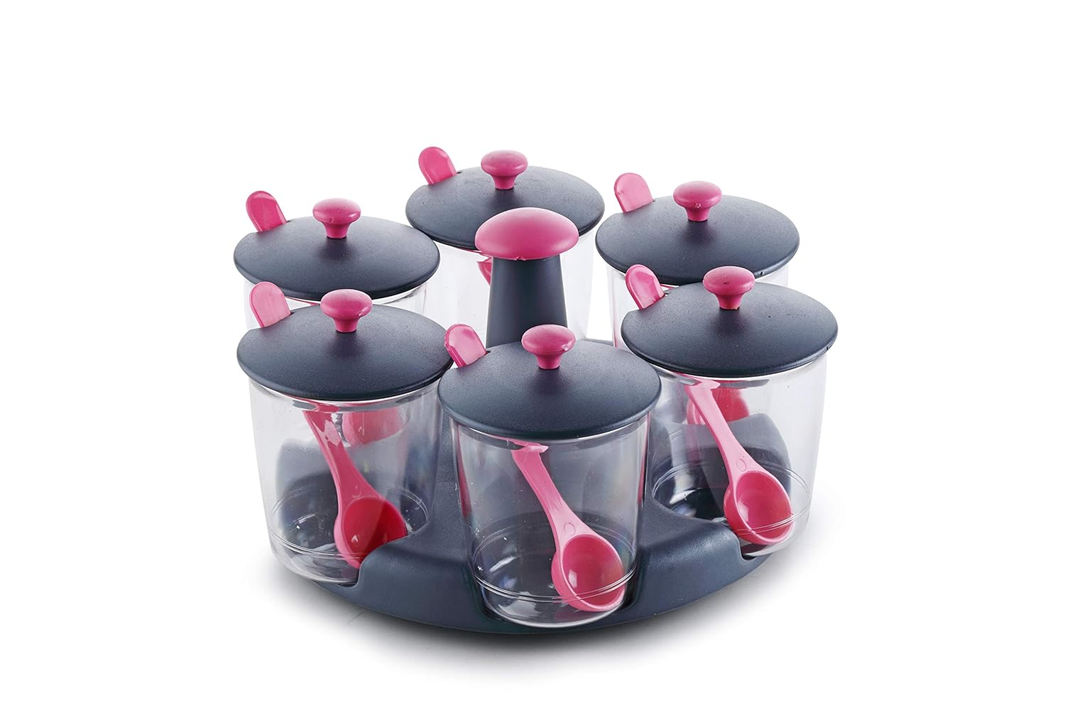 Plastic Pickle Jar and Tray Holder Set – 6 Piece Spice & Pickle Storage Set 6-piece plastic pickle jar and tray for kitchen spice and achar storage
