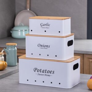 Durable metal storage basket for onions, garlic, and potatoes