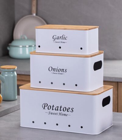 Durable metal storage basket for onions, garlic, and potatoes