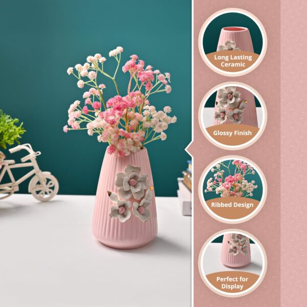 Elegant pink ribbed ceramic decorative flower vase
