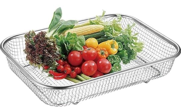 Rectangular stainless steel strainer basket for rinsing produce.