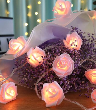 Battery operated pink rose flower string lights for home decoration
