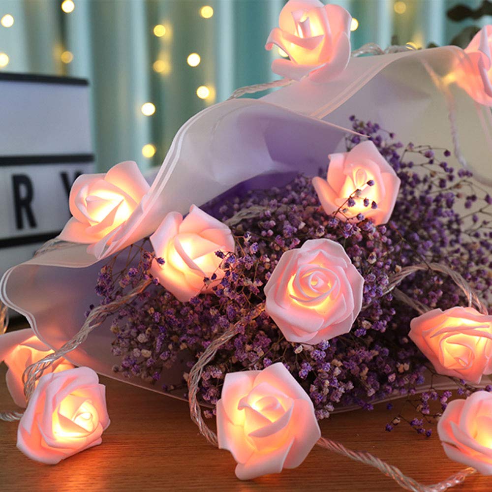 Pink Rose Flower String Lights – Battery Operated LED Decorative Fairy Lights Battery operated pink rose flower string lights for home decoration