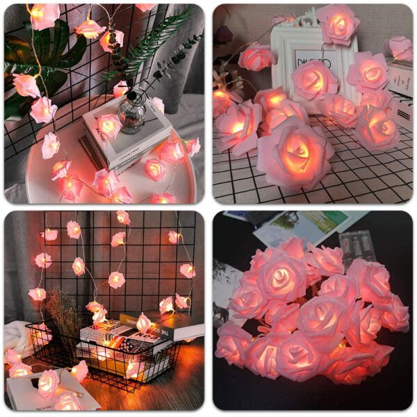 Artificial pink rose flower LED string lights for romantic lighting