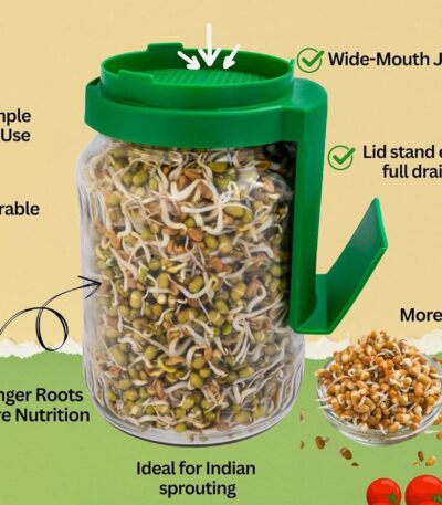Sprout glass jar with green strainer lid for seed sprouting