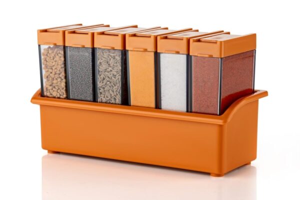 Crystal spice jars dispenser with easy-flow masala rack for kitchen storage