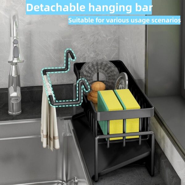 Stainless steel sponge holder keeping scrubbers and soap neatly arranged.