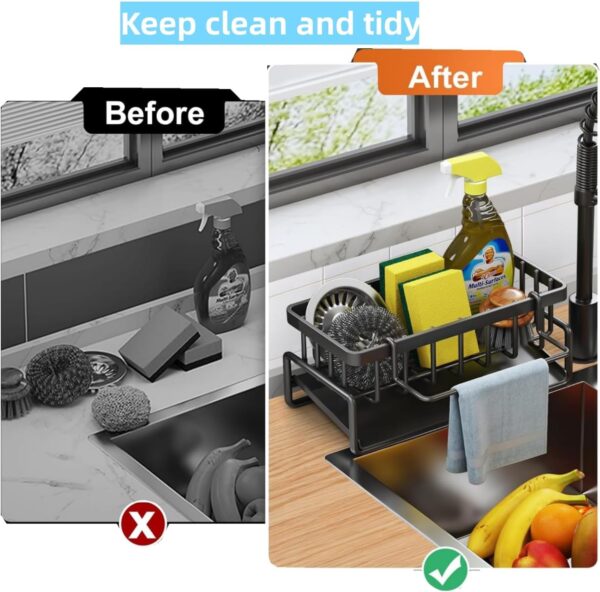 Modern metal sponge holder used for kitchen sink storage.