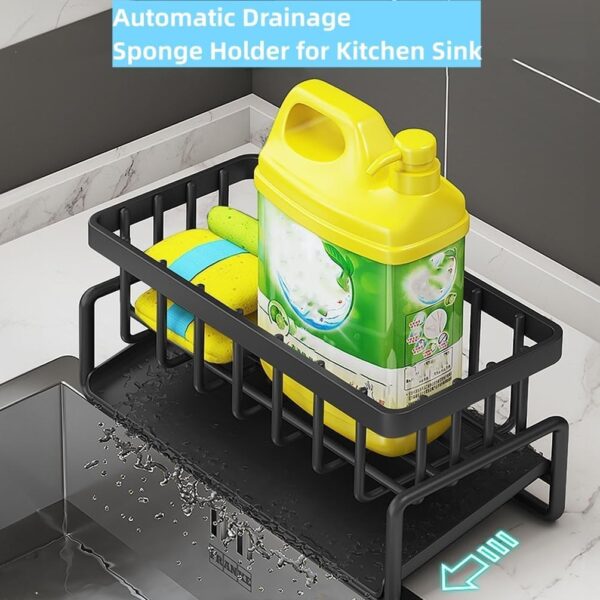 Stainless steel kitchen sink rack for sponges and dishwashing accessories.