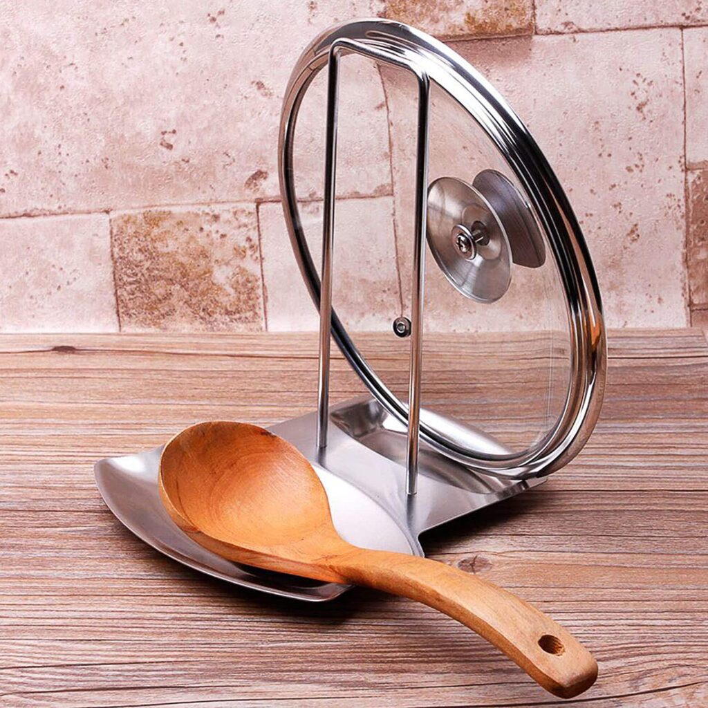 Stainless steel lid and spoon rest stand for kitchen organization