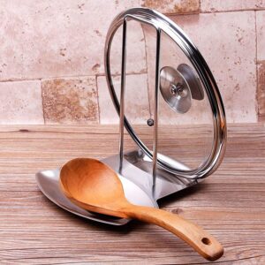 Stainless steel lid and spoon rest stand for kitchen organization