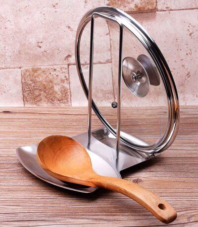 Stainless steel lid and spoon rest stand for kitchen organization