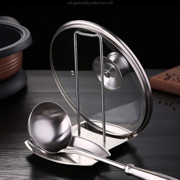 Pot and pan cover holder with integrated spoon rest shelf