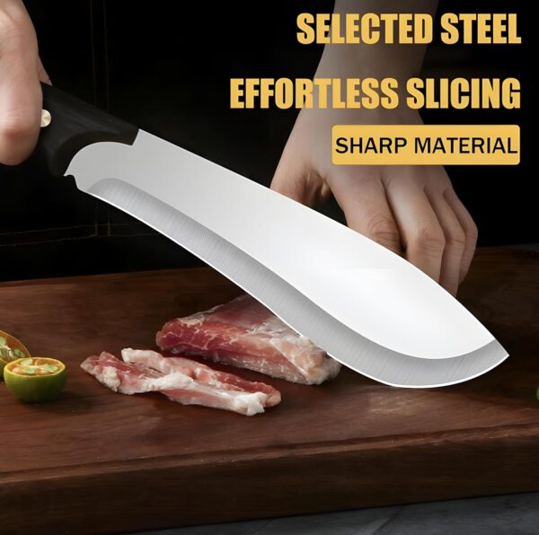 Professional chef’s stainless steel cleaver knife on wooden cutting board