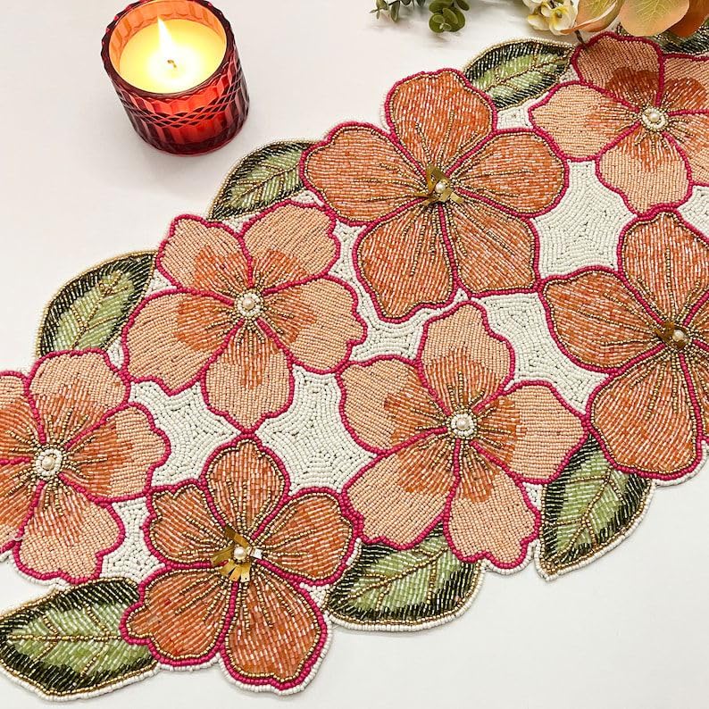 Handmade floral beaded seater table runner for dining table decoration
