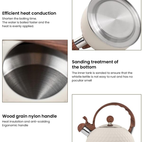 Steel tea kettle boiling water on gas stove with ergonomic handle.