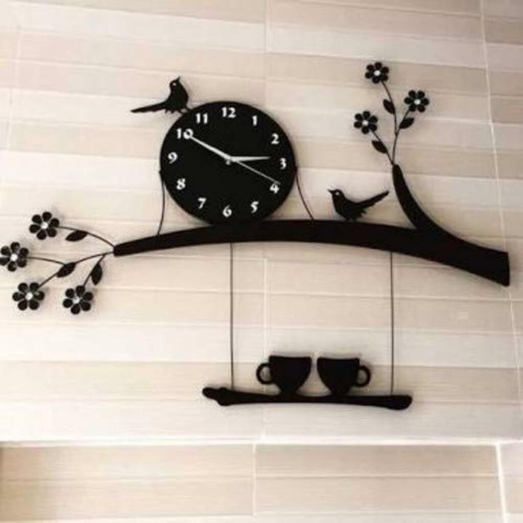 Birds sitting on coffee cup wall clock for kitchen décor