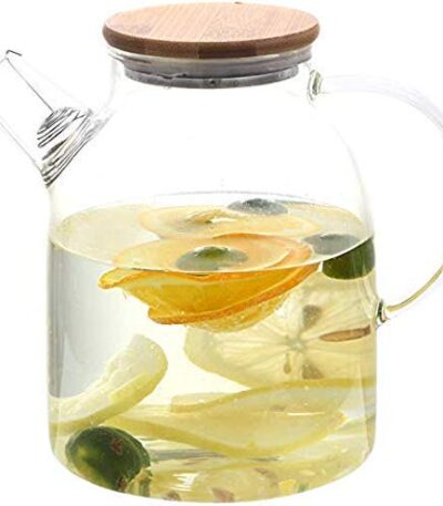 Clear glass water jug with wooden lid for everyday use