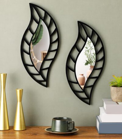 Wooden carved wall mirror with elegant leaf-shaped frame for home décor