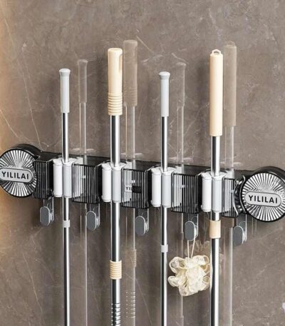 Grey multipurpose mop and broom holder for home cleaning tools