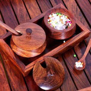 Wooden serving jar set with tray and spoon for spices and condiments