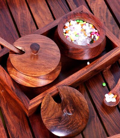 Wooden serving jar set with tray and spoon for spices and condiments